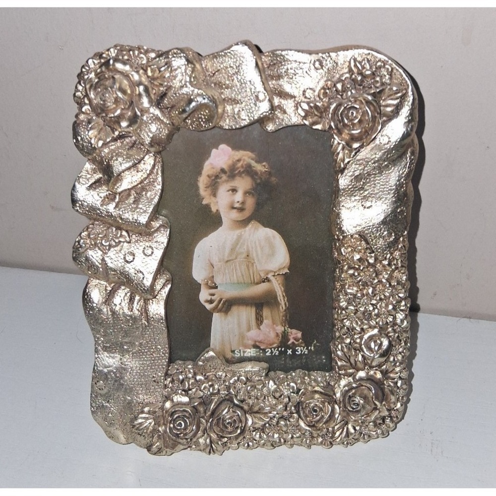 Vintage silverTone Floral Ribbon Picture Frame 2.5x3.5 Shabby Chic Cottage Decor